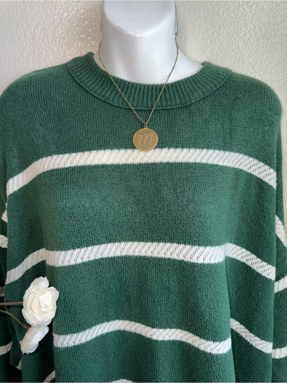 AERIE Forest Green & White Striped Crewneck Sweater (soft) 🌲 - Picture 2 of 6
